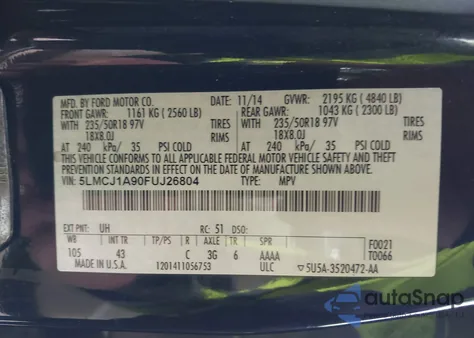 2015 Lincoln Mkc z USA, uszkodzony, nr VIN 5LMCJ1A90FUJ26804